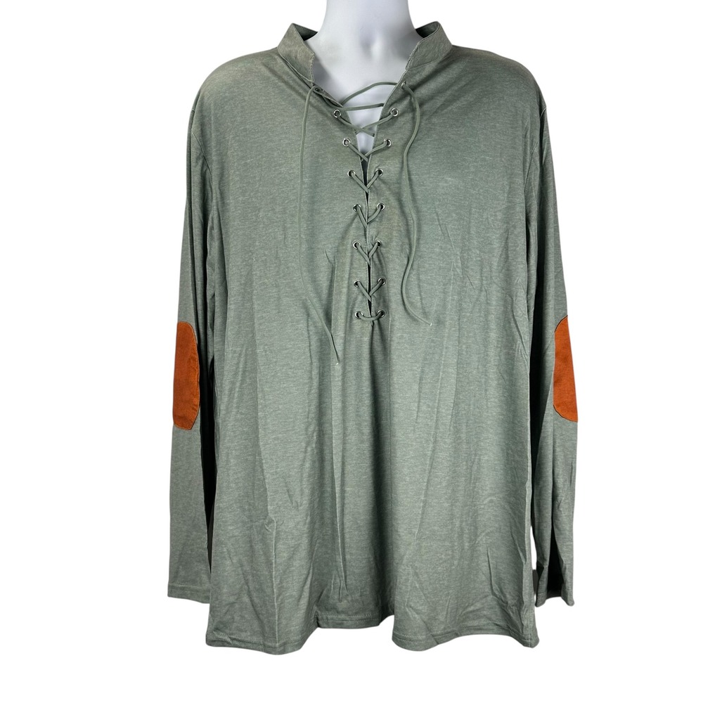 New Mens Medieval Lace Up Shirt 2XL Green Renaissance Pirate Costume Tunic Patch